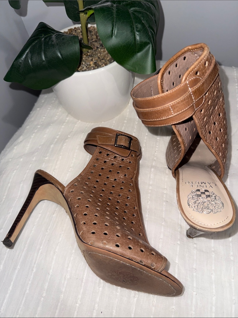 Vince Camuto Tan Perforated Leather Peep-Toe Ankle Heels